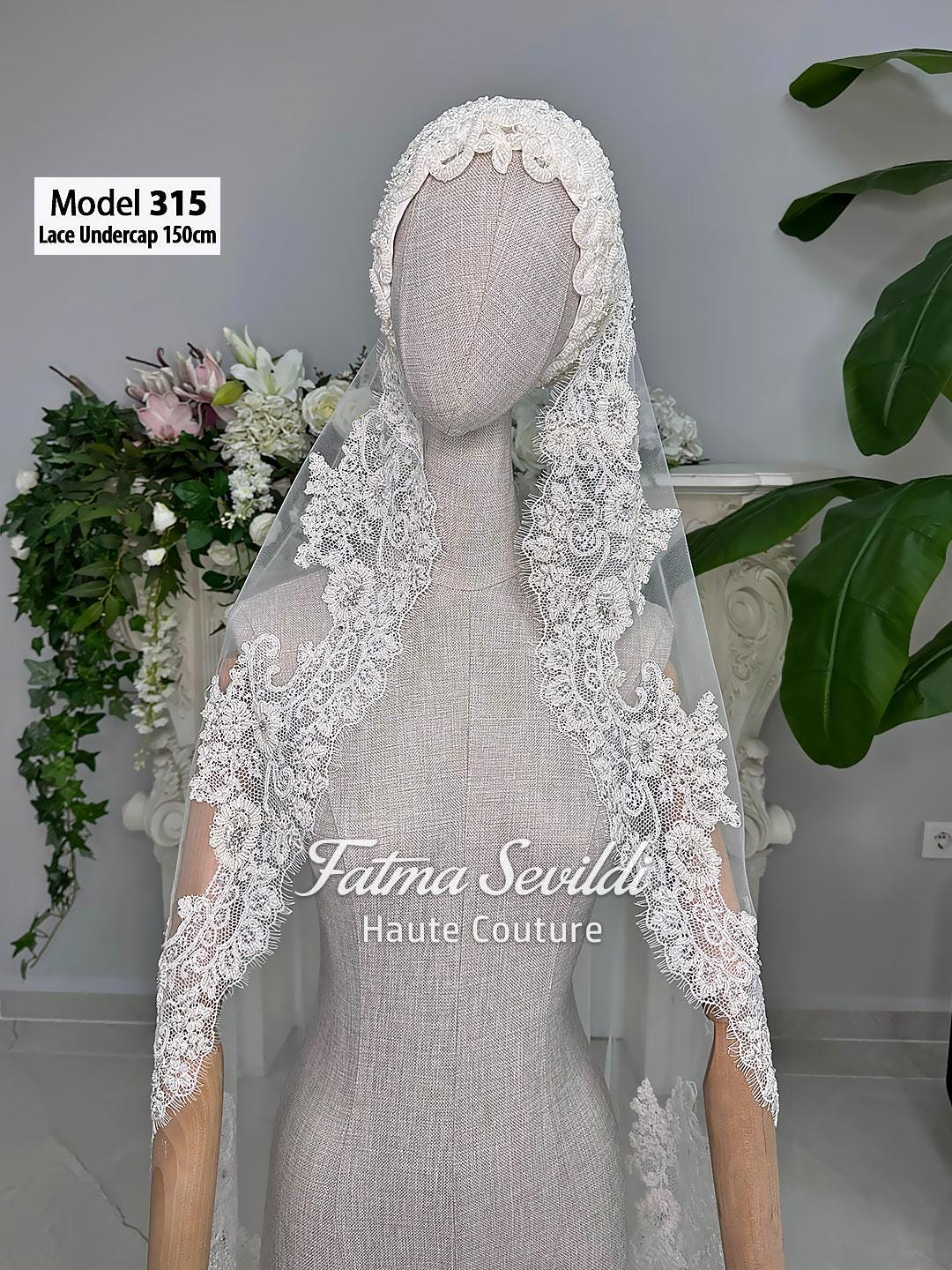 White lace undercap with floral embroidery and sheer veil, model 315