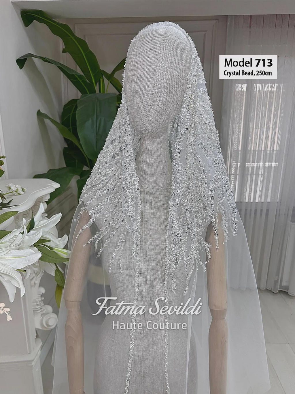 Delicate 250cm white crystal bead veil by Fatma Sevildi Haute Couture, PART9 cathedral style