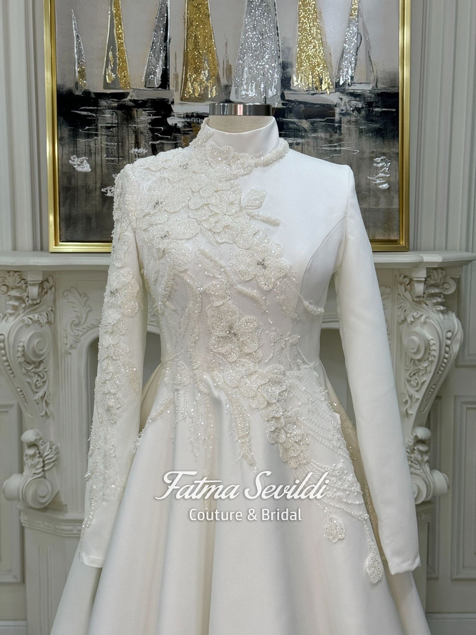 Veiled satin hijab wedding dress with high neck, long sleeve, floral embroidery and beads