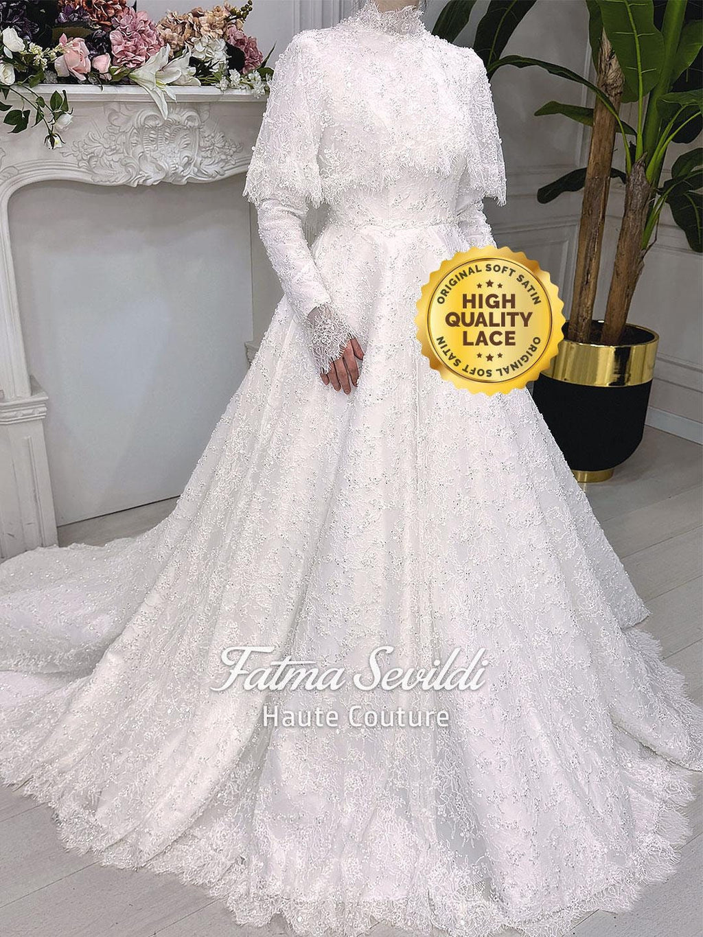 Elegant beaded lace Muslim wedding dress with long sleeves and high neckline