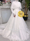 Elegant beaded lace Muslim wedding dress with long sleeves and high neckline