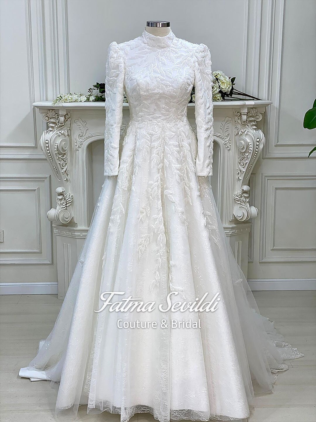 Elegant hijab wedding dress with beaded 3D lace, high neck, long sleeves