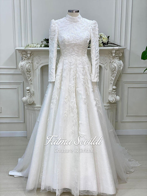 Elegant hijab wedding dress with beaded 3D lace, high neck, long sleeves