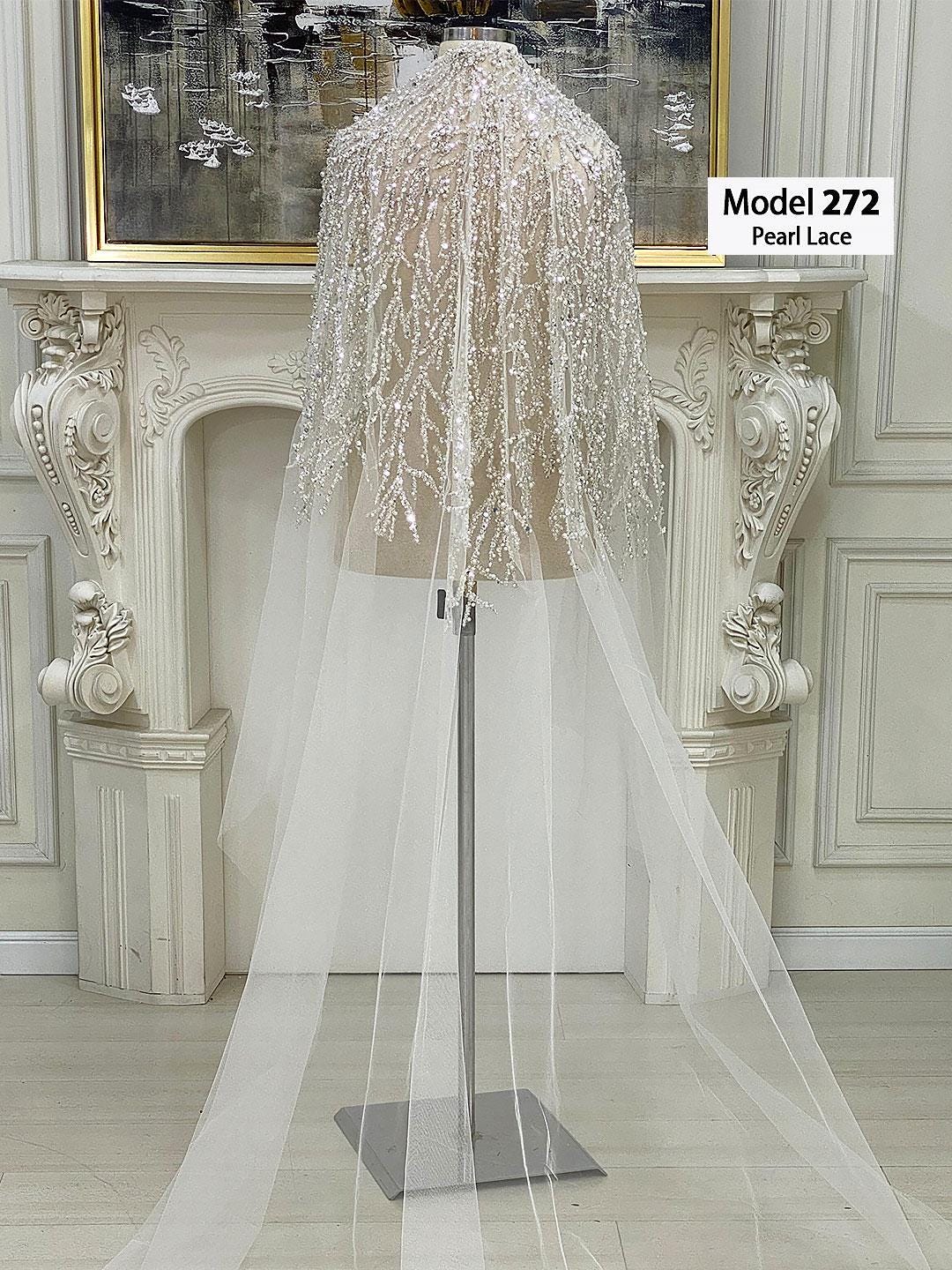 Pearl Lace Cathedral Bridal Veil with Hand-Sewn Beaded Applique