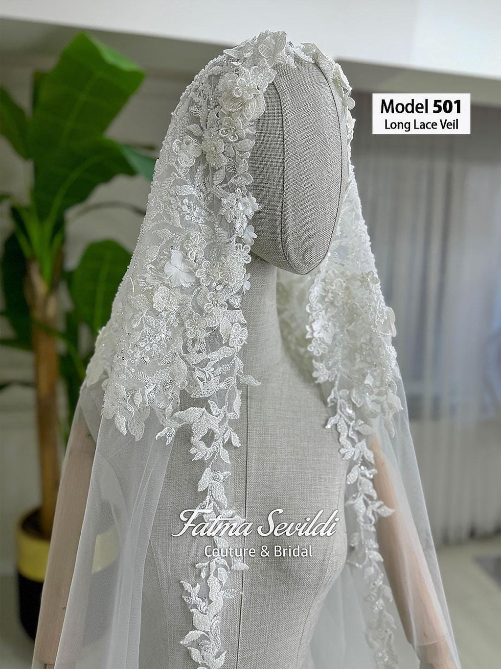 Model 501 beaded lace edge cathedral bridal veil with floral embroidery