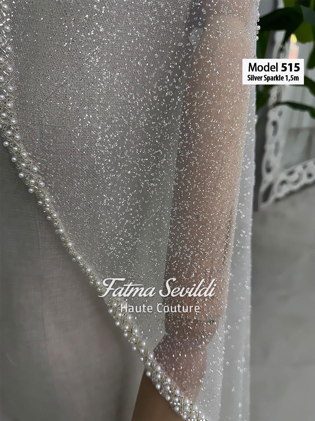 Short2 beaded lace bridal veil with silver sparkle sheer fabric trim