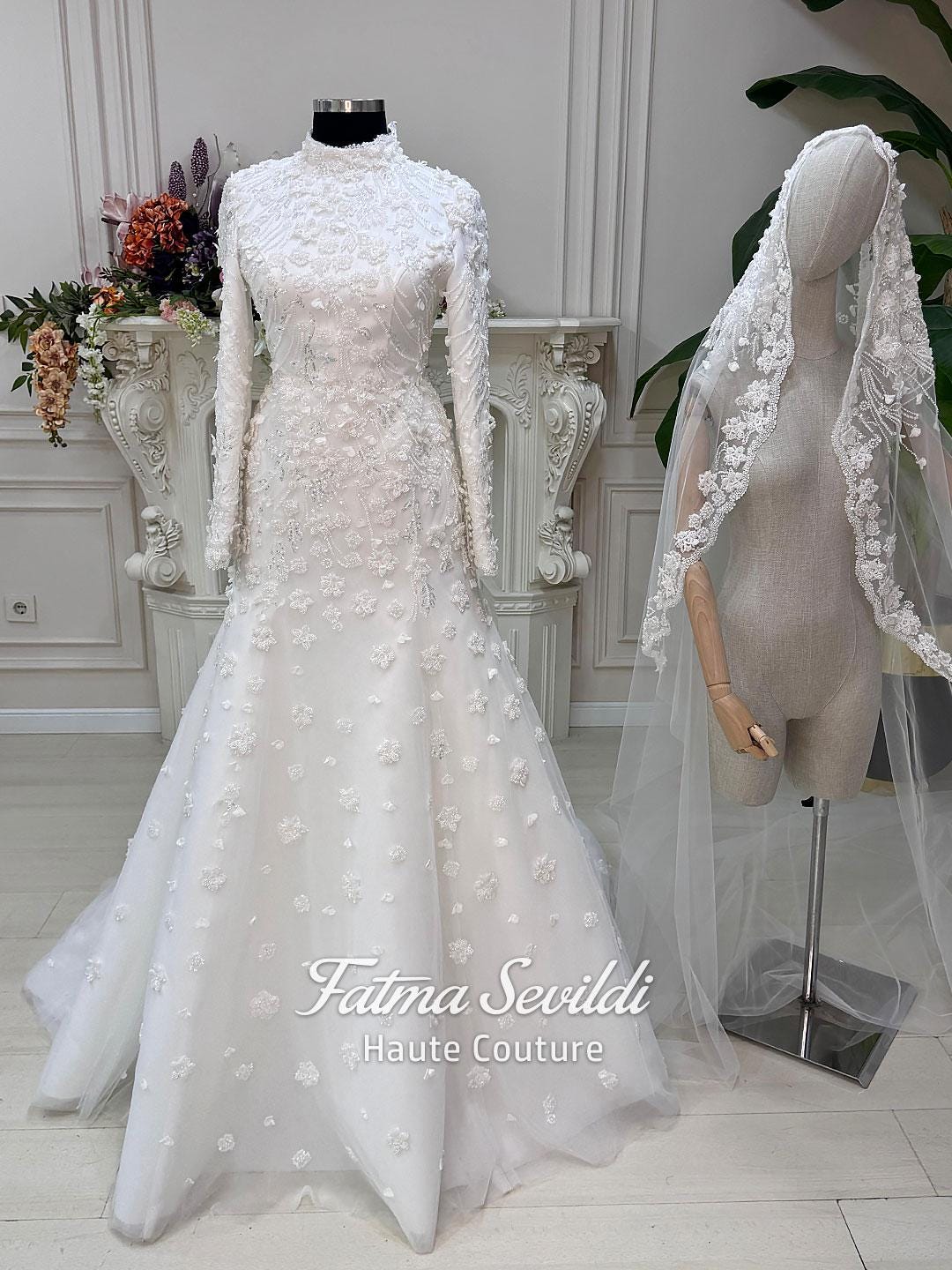 Veiled mermaid hijab wedding dress with beaded lace high neck long sleeves