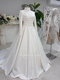 Elegant ivory satin hijab wedding gown with high neck lace sleeves