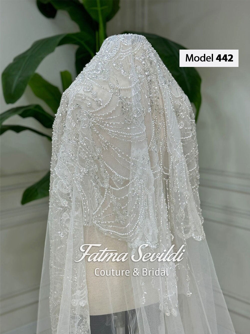 Delicate PART6 beaded lace cathedral bridal veil with silver sequins and tulle