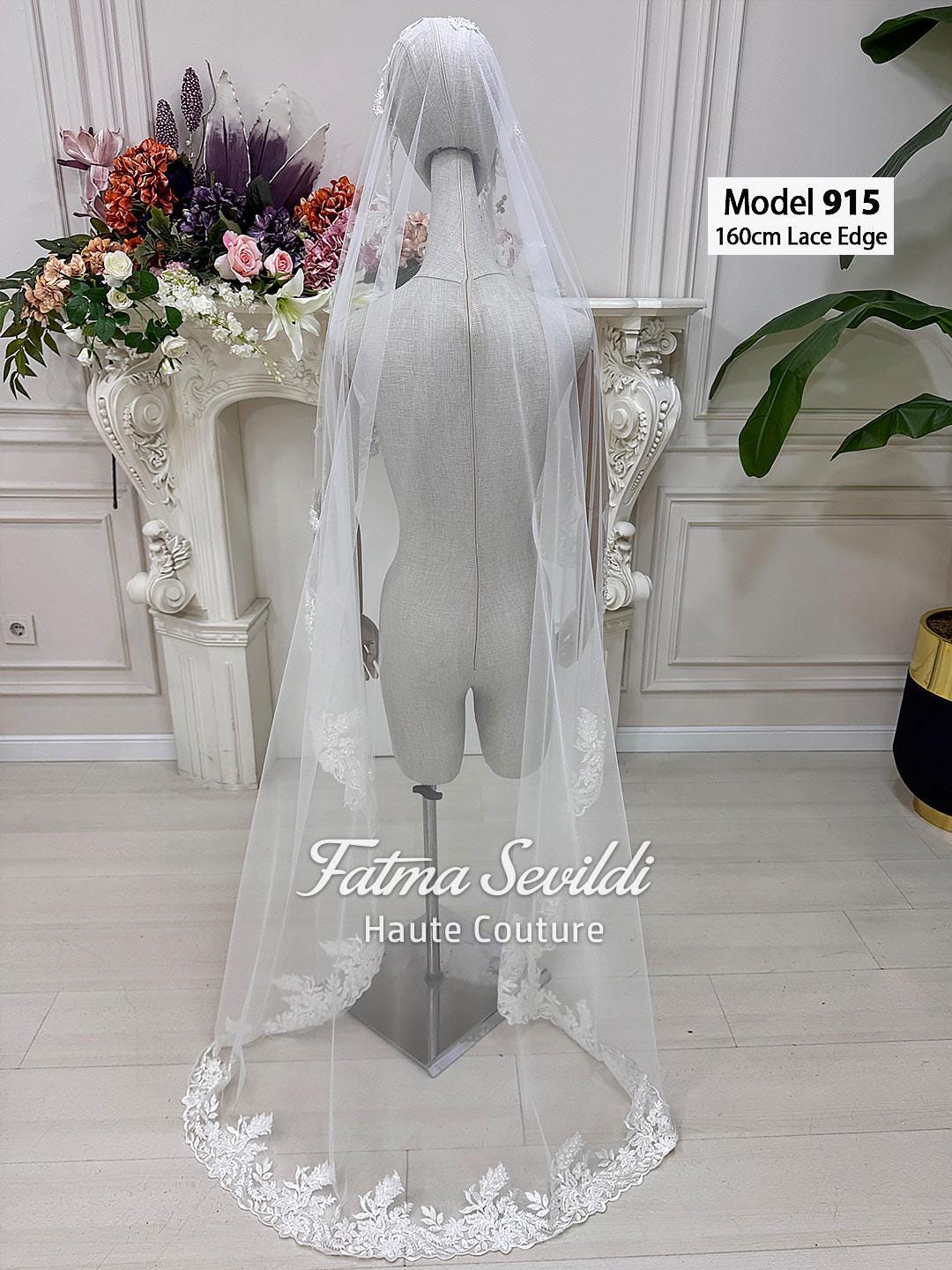Short beaded lace bridal veil, waltz-chapel length with floral edge