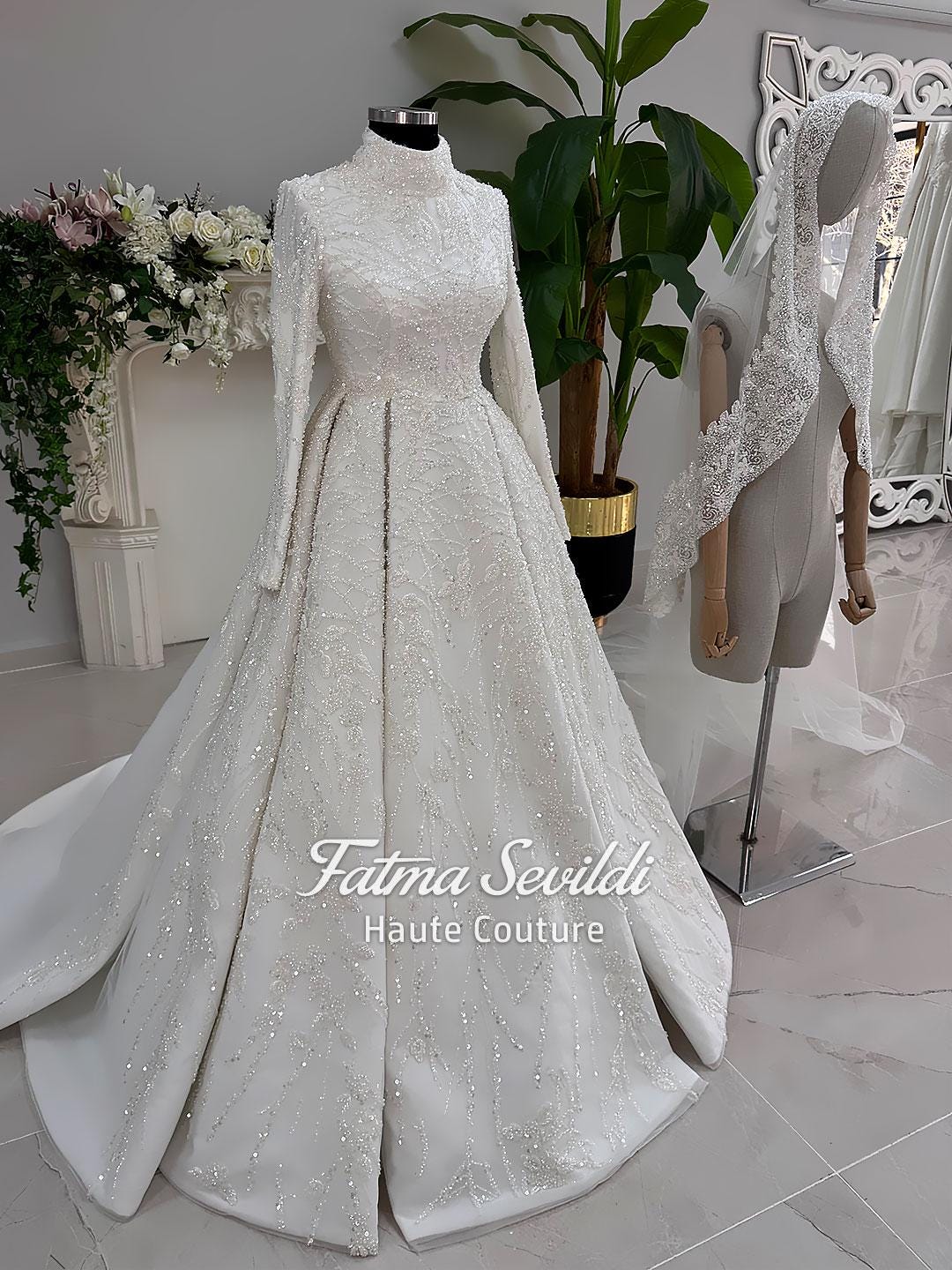 Luxury modest high-neck beaded lace wedding dress with veil