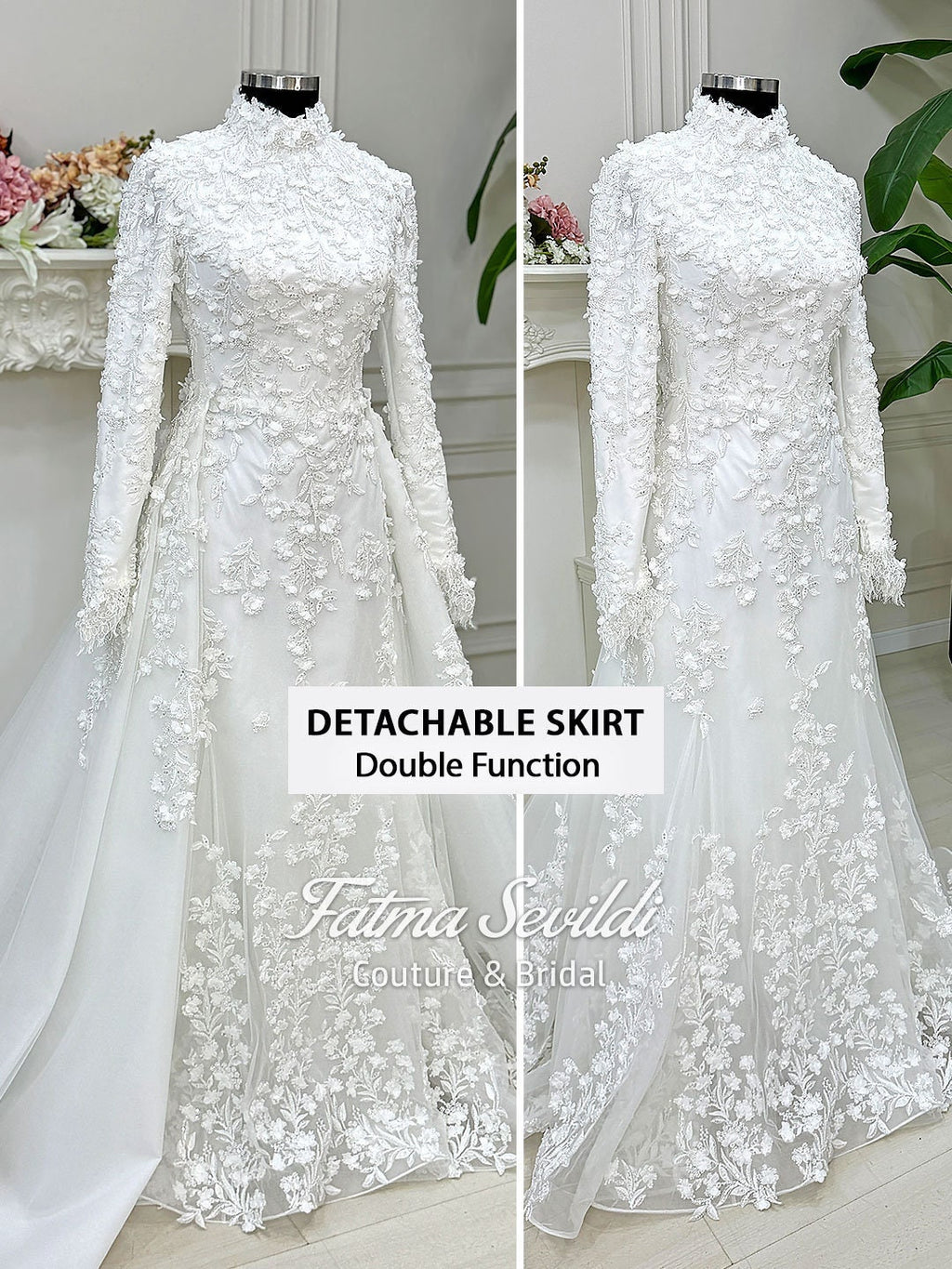 Elegant mermaid hijab wedding dress with high neck, long sleeves, 3D lace, detachable skirt