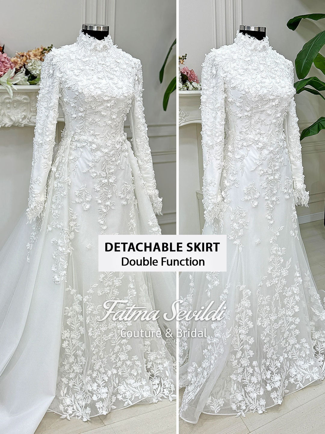 Elegant mermaid hijab wedding dress with high neck, long sleeves, 3D lace, detachable skirt