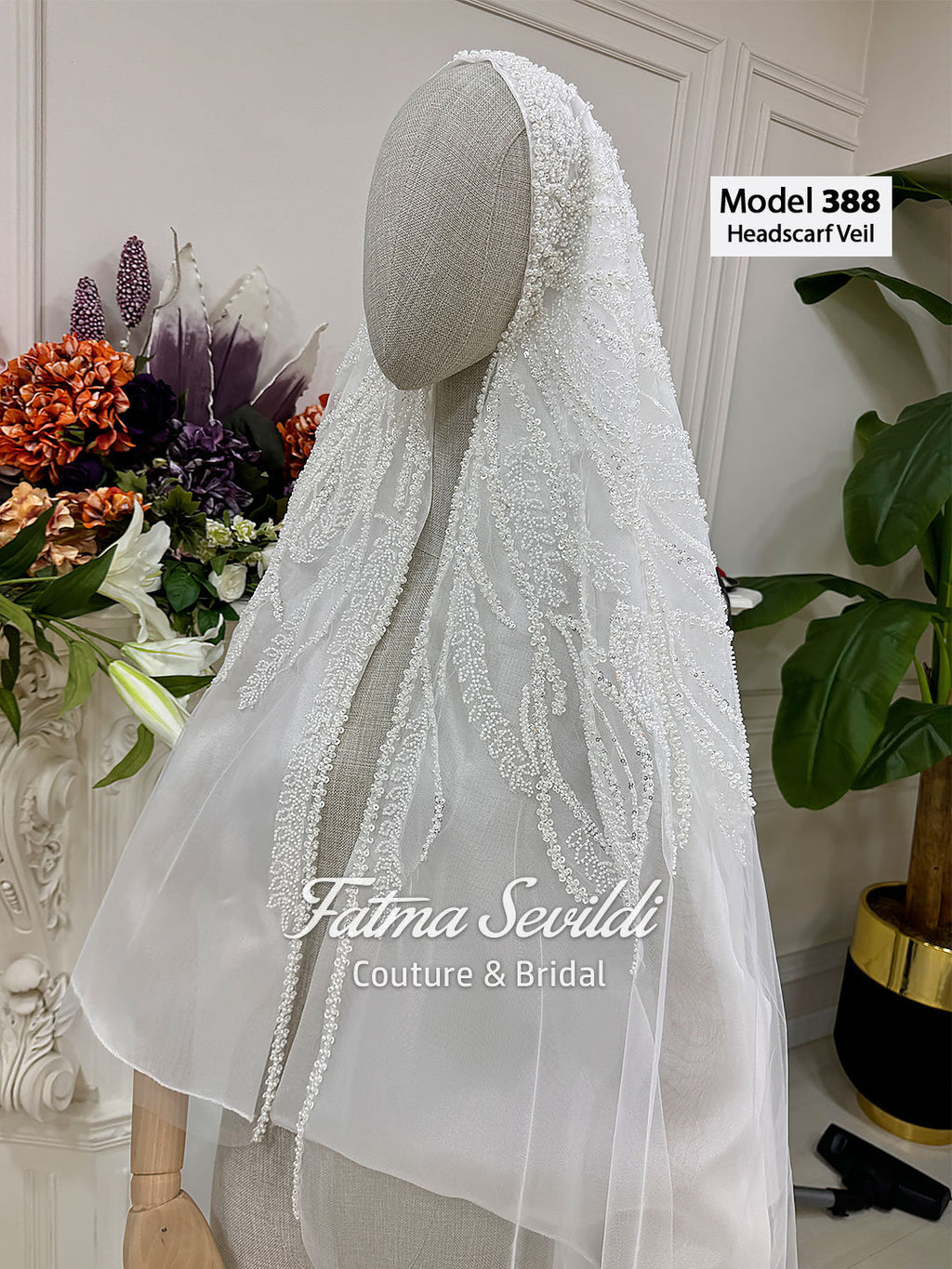 White beaded lace bridal veil, fingertip-waltz length, modest hijab option