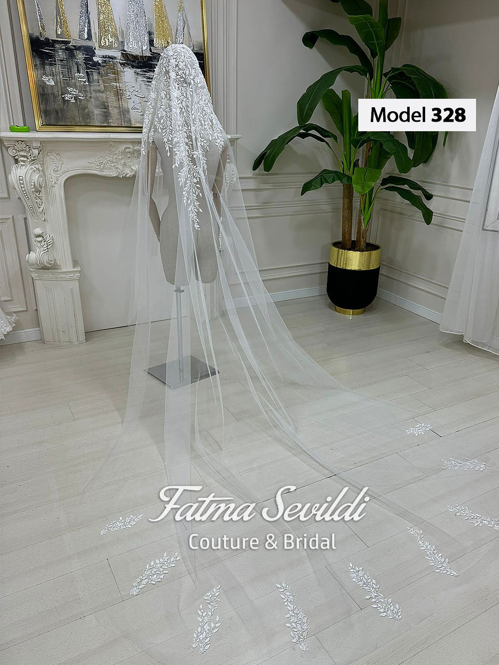 Elegant white veiled hijab wedding dress with silver lace floral embroidery