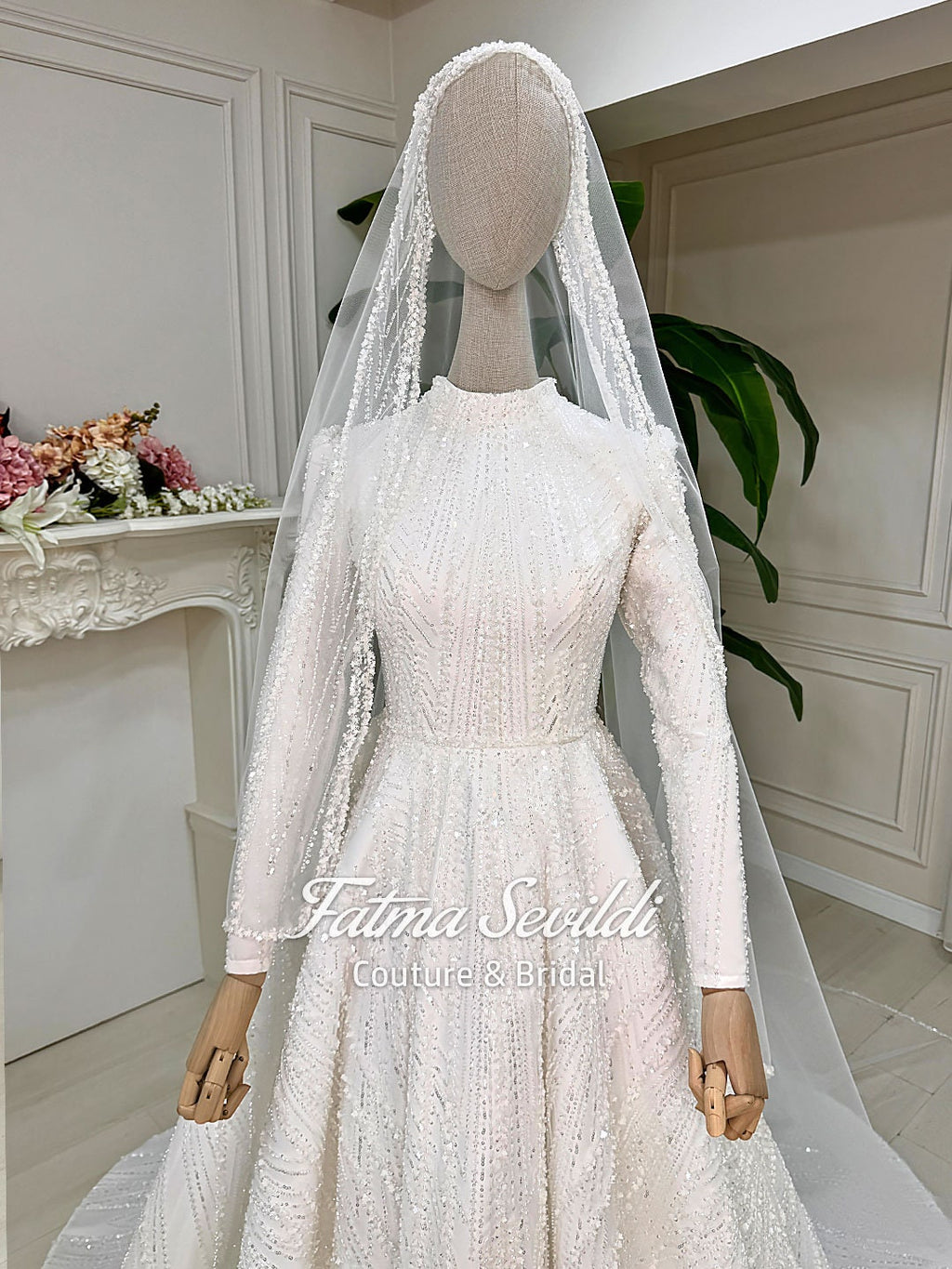 White beaded lace hijab wedding dress with veil, high neck, princess style