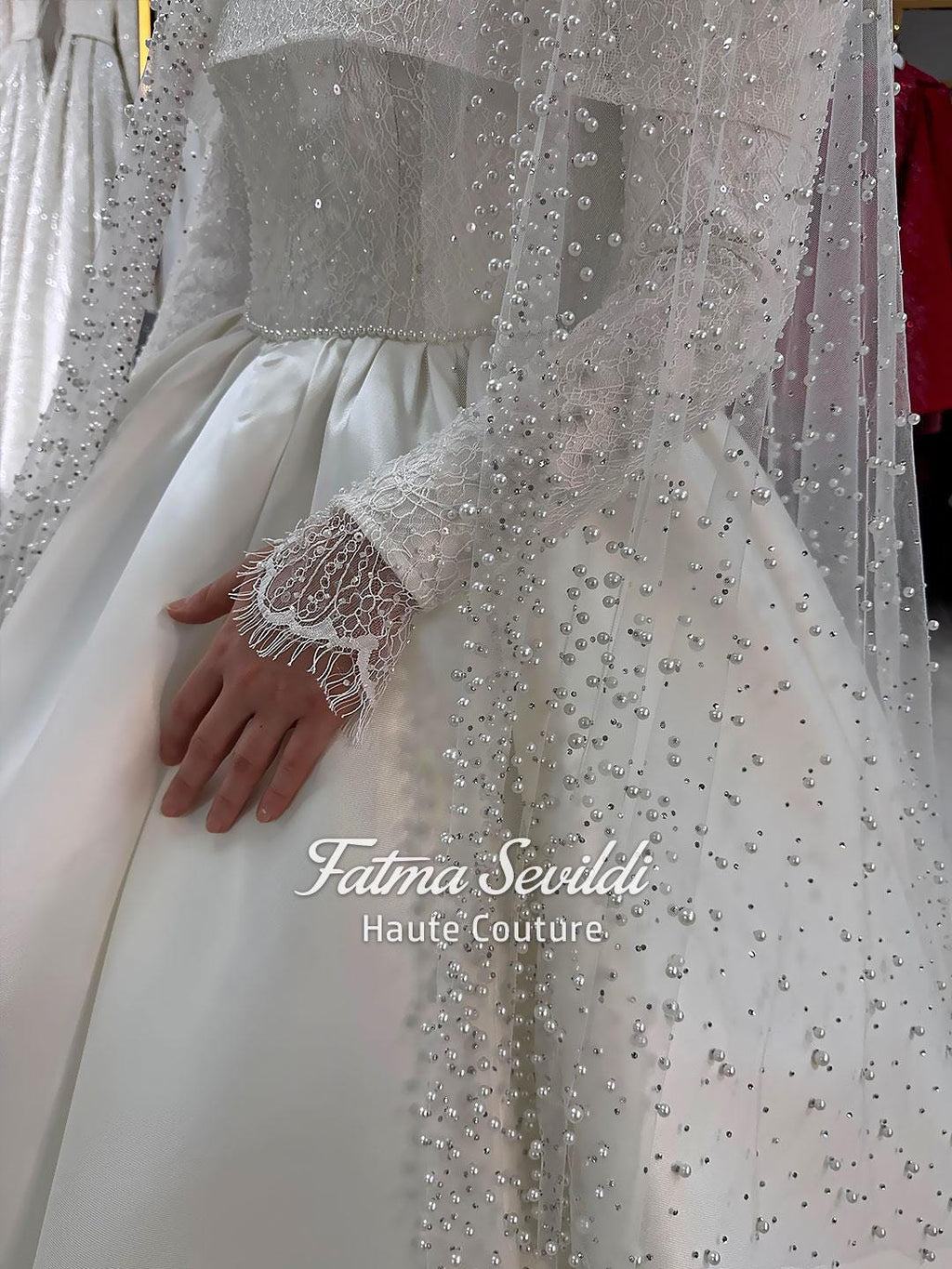 Veiled hijab beaded lace satin ballgown with intricate details