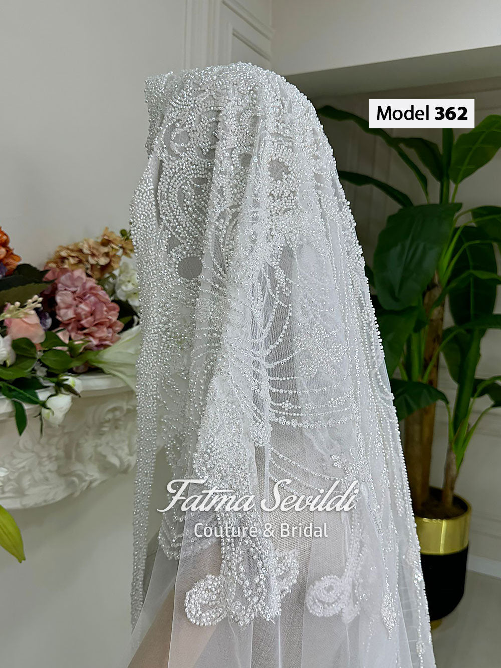 PART6 beaded lace cathedral bridal veil with silver floral embroidery