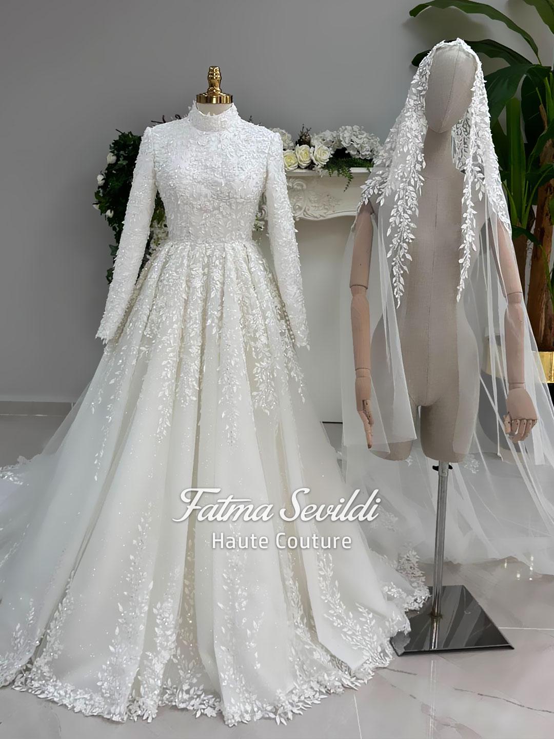 Modest white hijab wedding dress with lace, glitter tulle skirt, high neck
