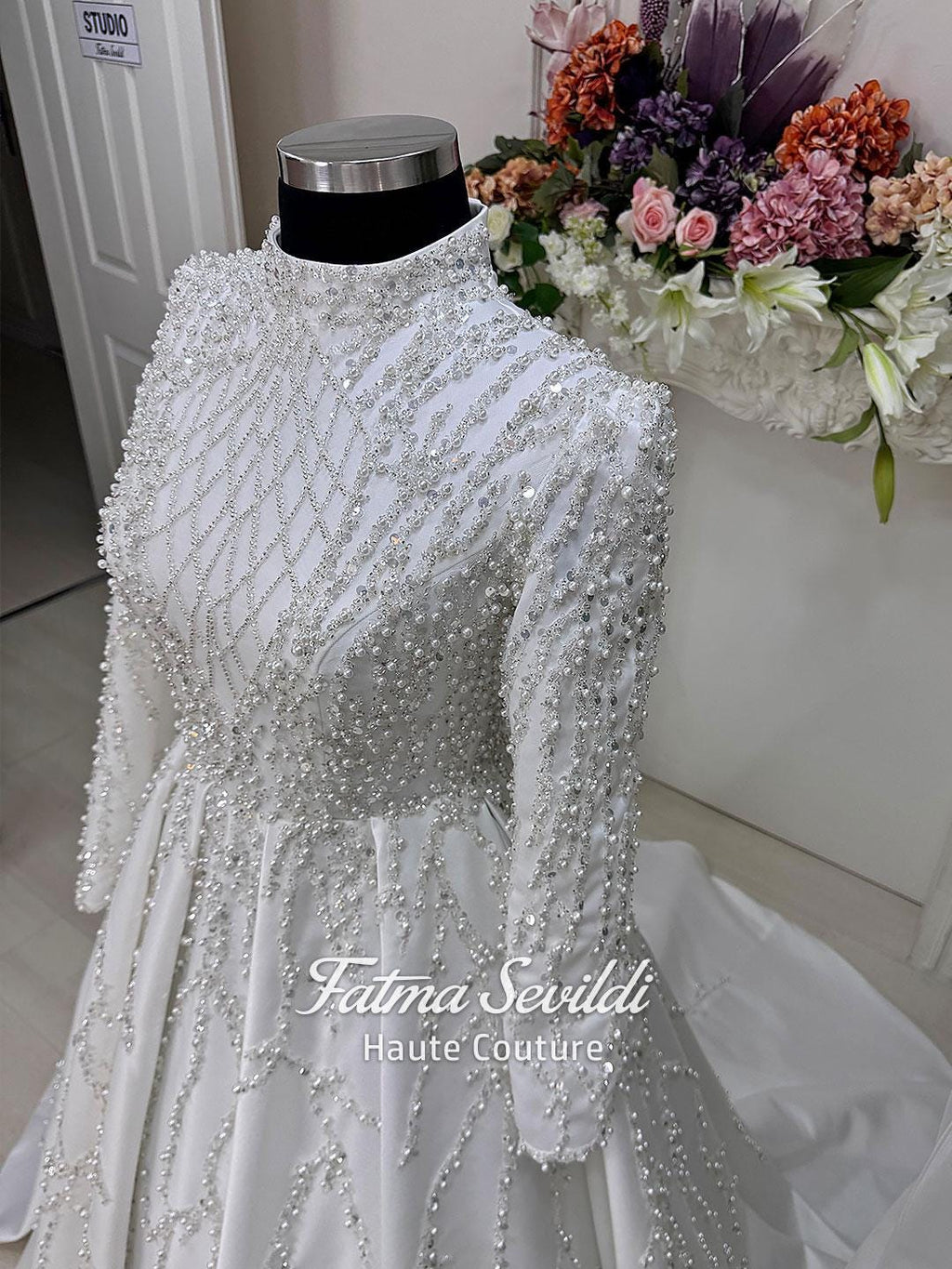 Veiled Pearl Hijab Wedding Dress: Beaded Lace Long Sleeve A-Line Gown
