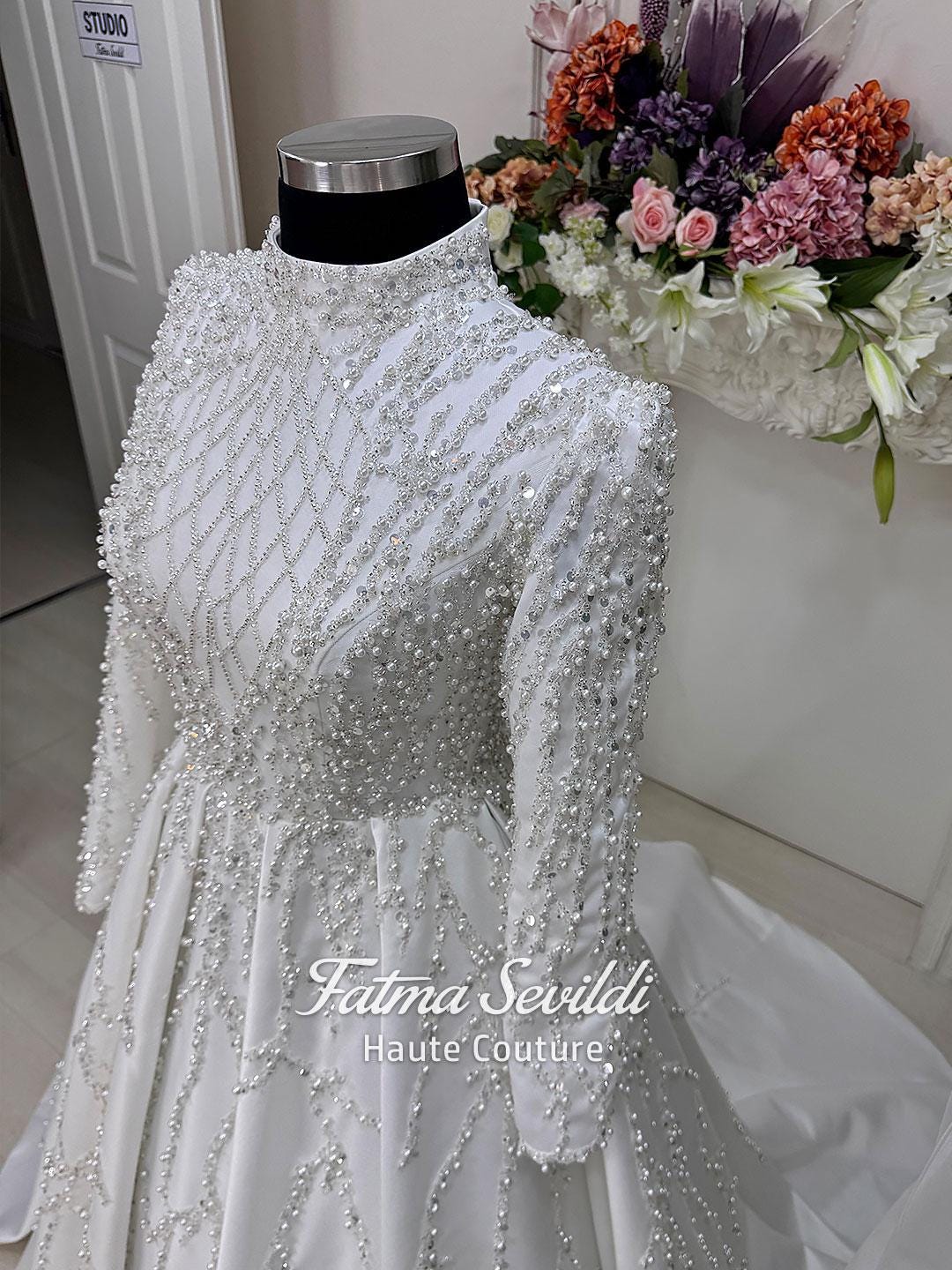 Veiled Pearl Hijab Wedding Dress: Beaded Lace Long Sleeve A-Line Gown