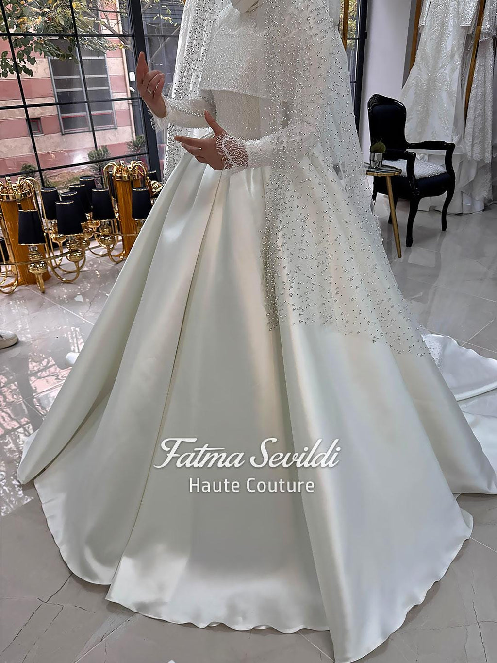 Veiled hijab beaded lace satin ballgown with high neck and long sleeves