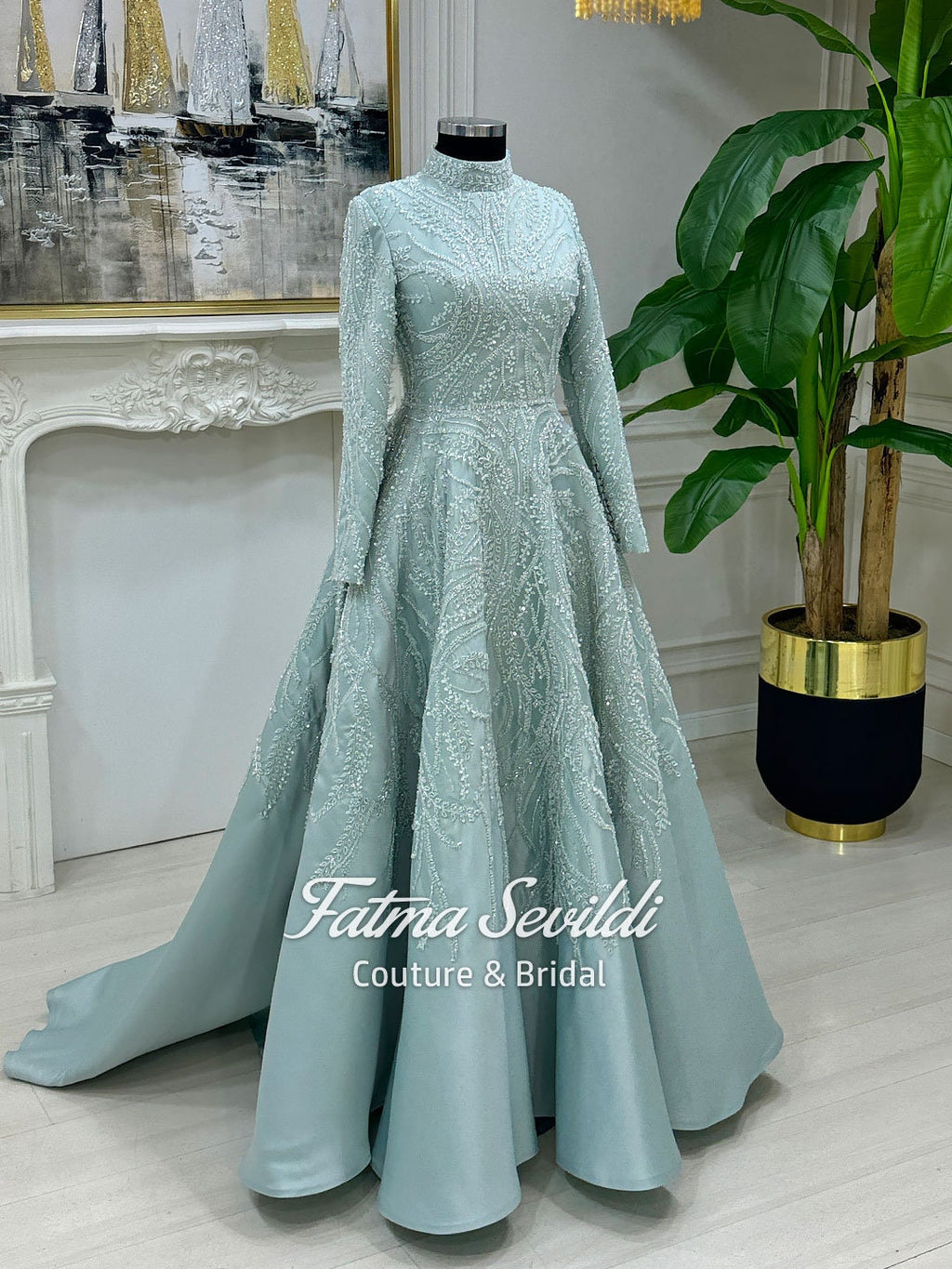 Elegant light blue caped lace hijab gown with beaded high neck long sleeves