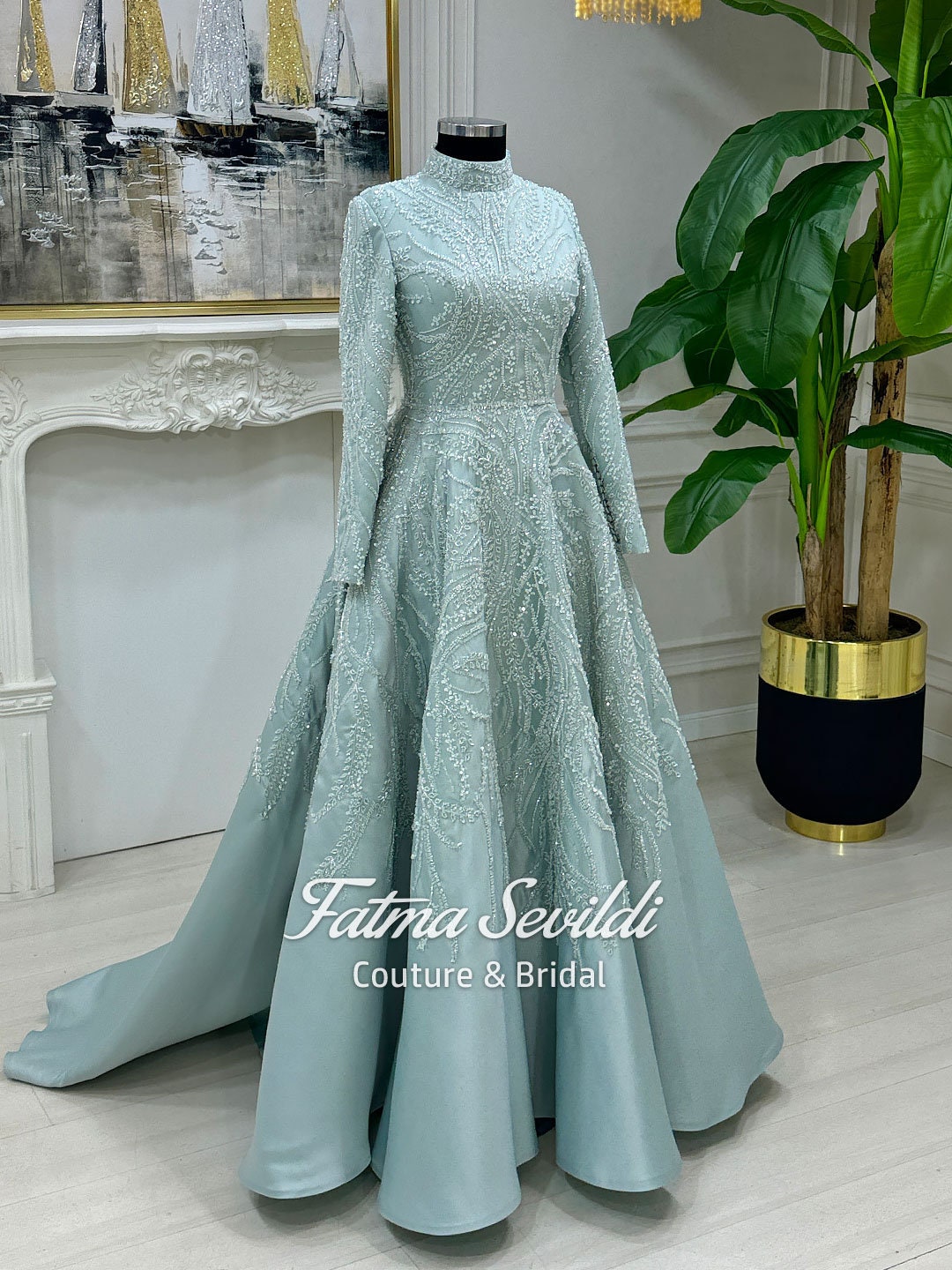 Elegant light blue caped lace hijab gown with beaded high neck long sleeves