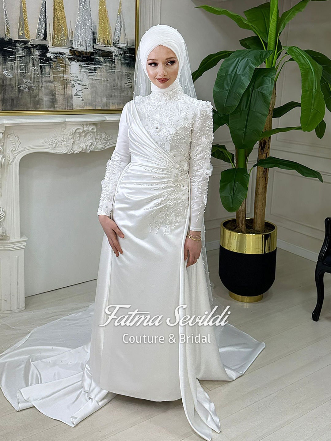 Elegant white beaded lace long sleeve high neck modest bridal gown with veil
