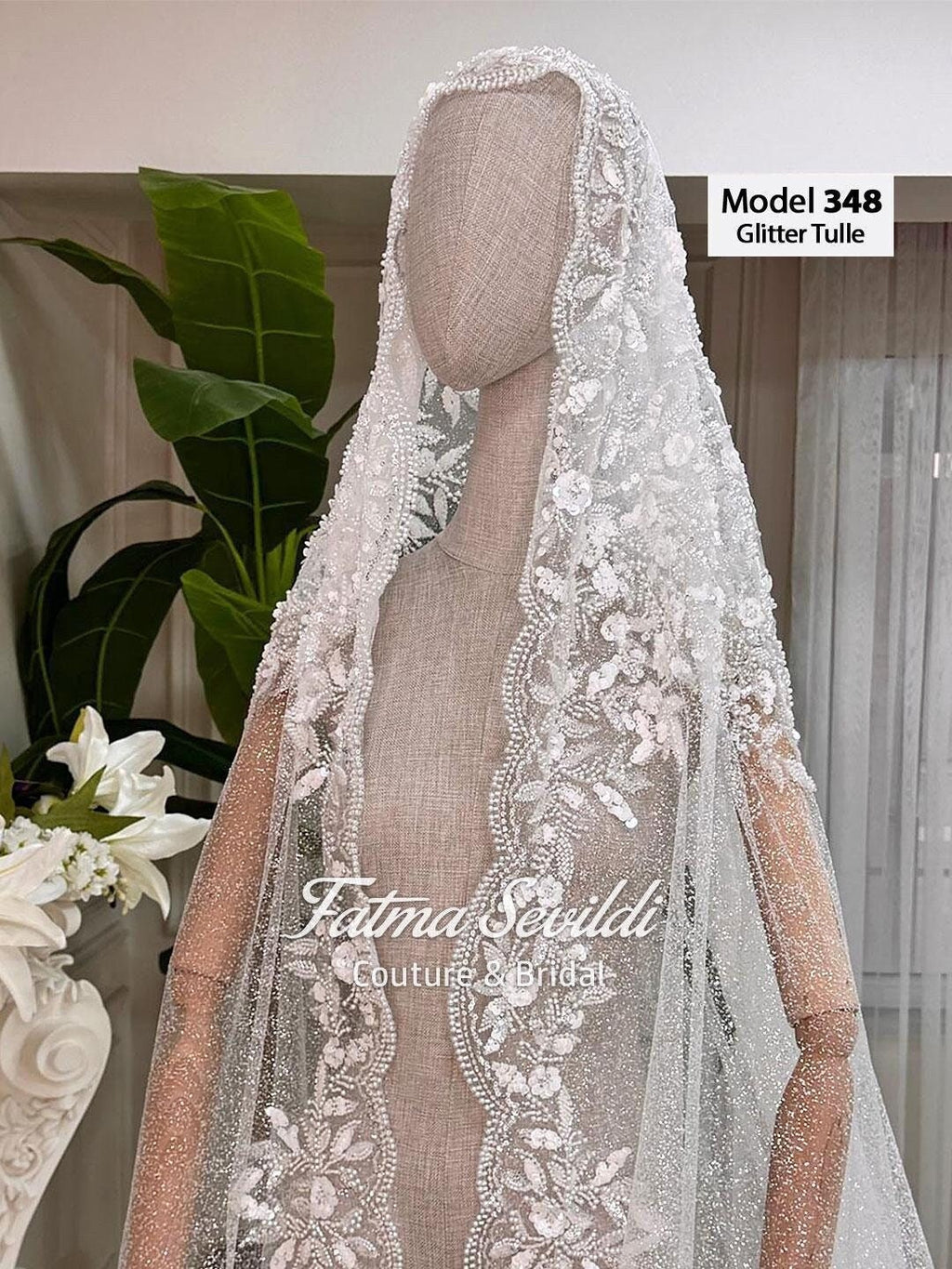 Delicate white glitter tulle cathedral veil with beaded lace floral embroidery
