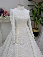 A-line hijab wedding dress with beaded lace, high neck, long sleeves