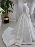 Luxurious A-line hijab wedding dress with beaded lace, long sleeves