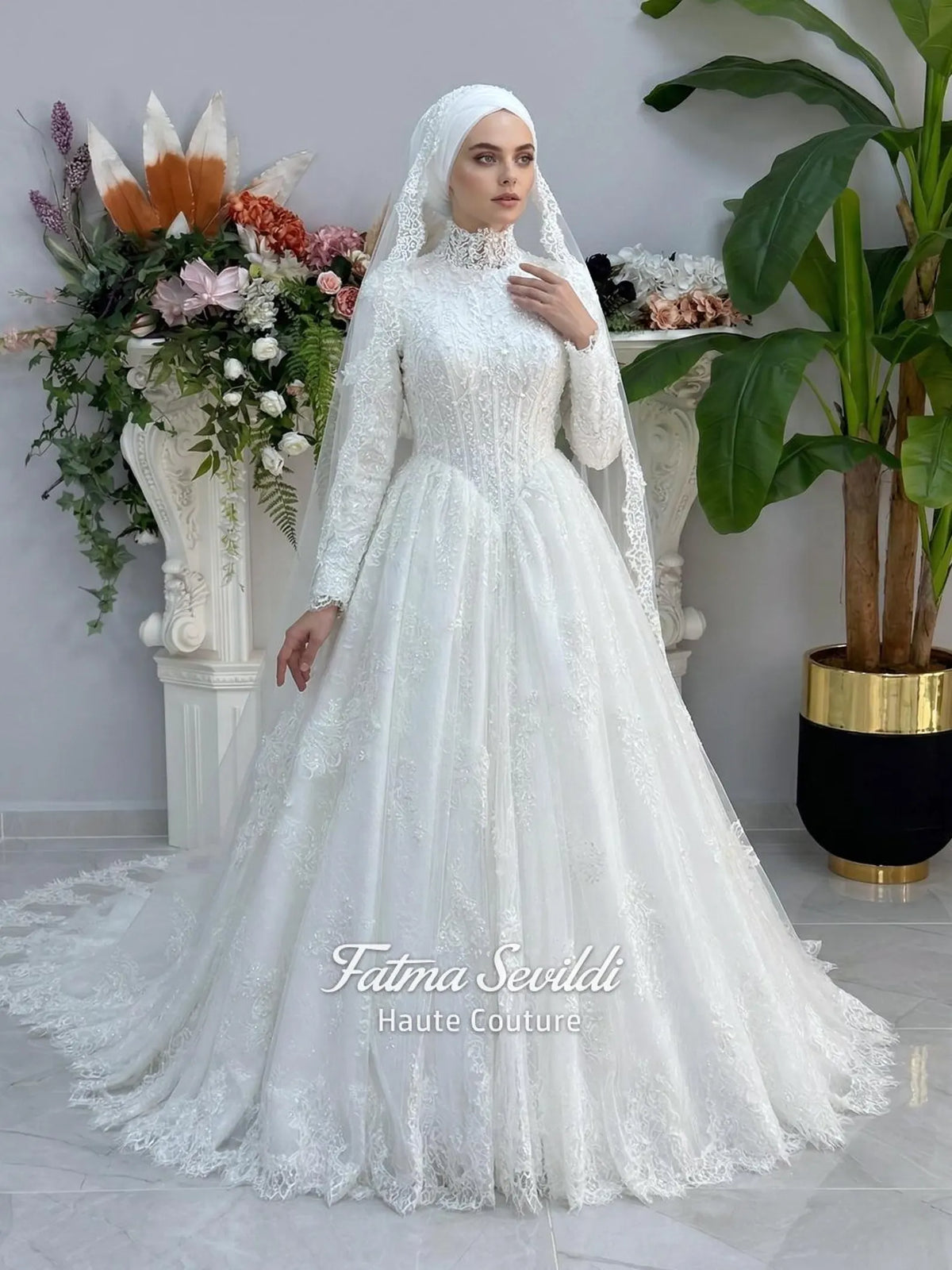 Beaded lace Corset Hijab Wedding Dress, Long Sleeve High Neck, Veiled Luxury Lace Bridal