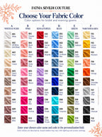 Fatma Sevildi Couture fabric color chart for bridal and evening gowns, displaying swatches in six columns with English color names and codes. Enter your chosen color name and code in the personalization field.