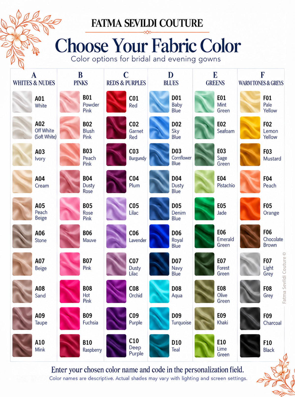 Fatma Sevildi Couture fabric color chart for bridal and evening gowns, displaying swatches in six columns with English color names and codes. Enter your chosen color name and code in the personalization field.