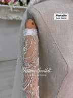 Delicate sheer silver lace detachable wedding sleeve with beading and pearls