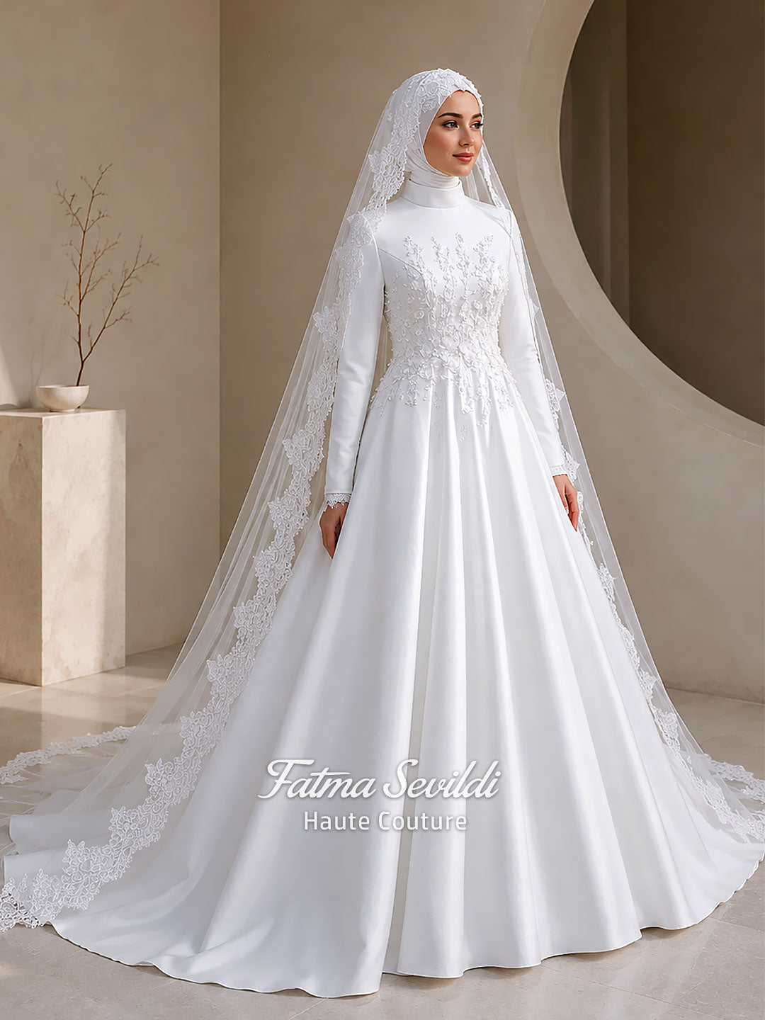 Hijab Wedding Dress, Veiled A-Line Satin Long Sleeve Luxury Muslim Bridal Gown, Lace Mantilla