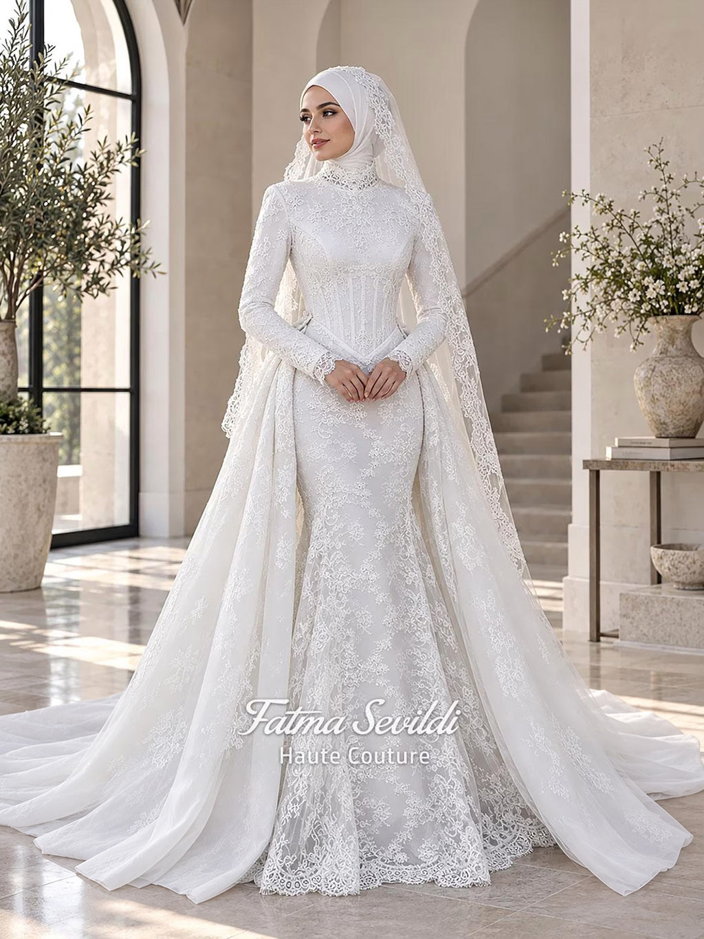 May include: A white long-sleeved wedding dress with a high lace neckline, corset-style bodice, and a mermaid silhouette featuring intricate floral lace overlays. A detachable overskirt and a long lace veil are included. Text reads Fatma Sevildi Haute Couture.