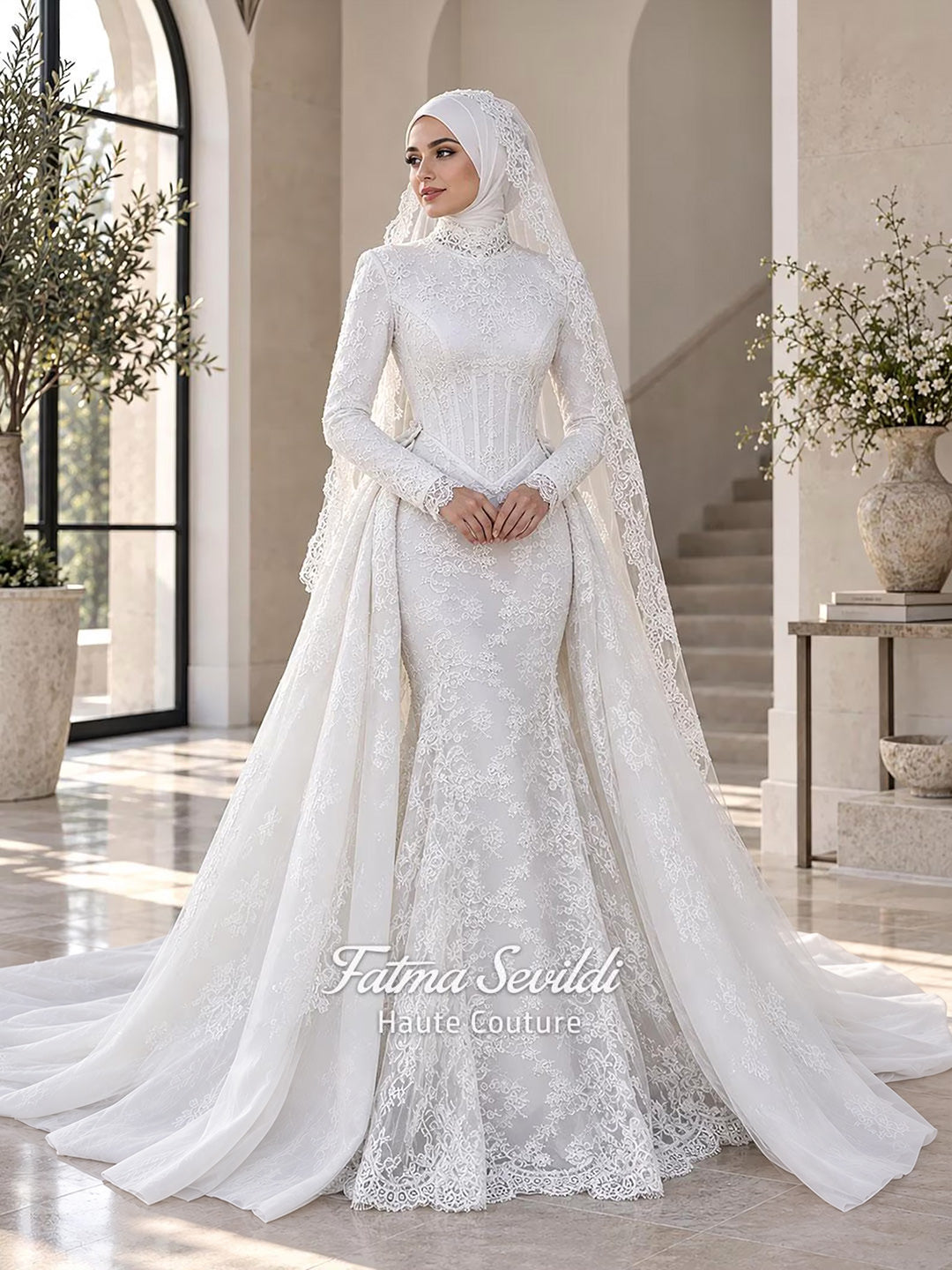 May include: A white long-sleeved wedding dress with a high lace neckline, corset-style bodice, and a mermaid silhouette featuring intricate floral lace overlays. A detachable overskirt and a long lace veil are included. Text reads Fatma Sevildi Haute Couture.