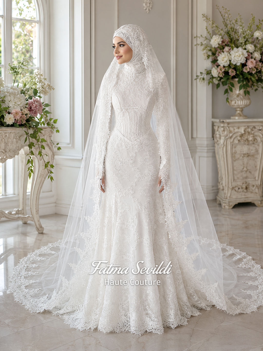 Luxury Hijab Wedding Dress, Mermaid Basque Corset, Long Sleeve Lace, V Fatma Sevildi Couture Luxury Hijab Wedding Dress, Mermaid Basque Corset, Long Sleeve Lace, V Fatma Sevildi Couture