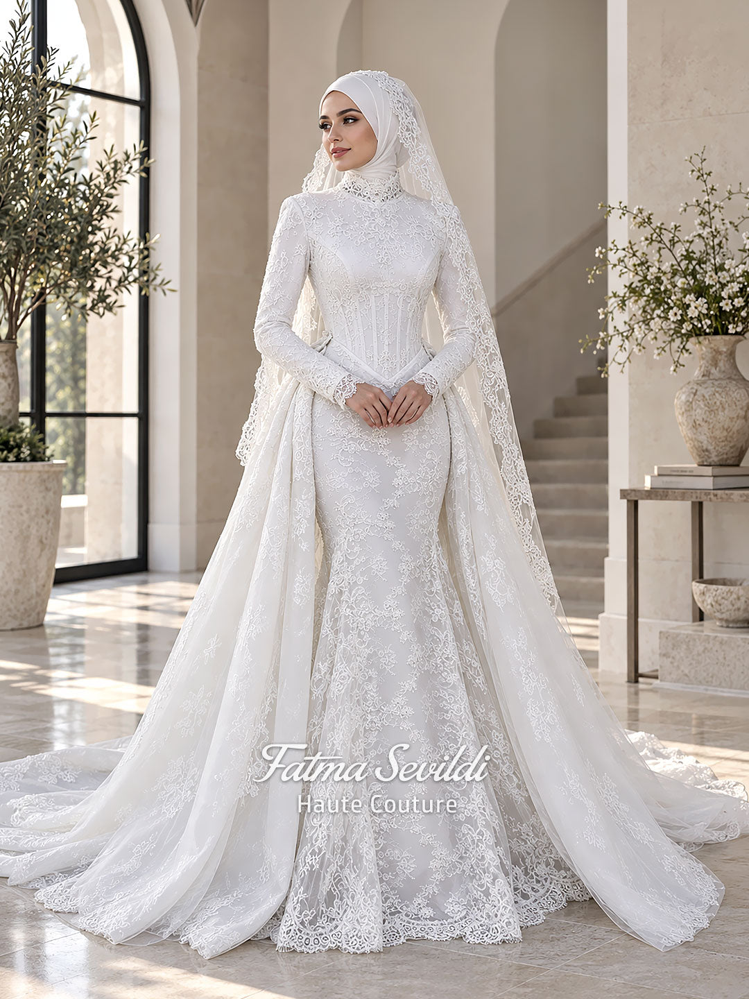 Hijab Wedding Dress with Detachable Overskirt, Veiled Luxury Modest Bridal Gown