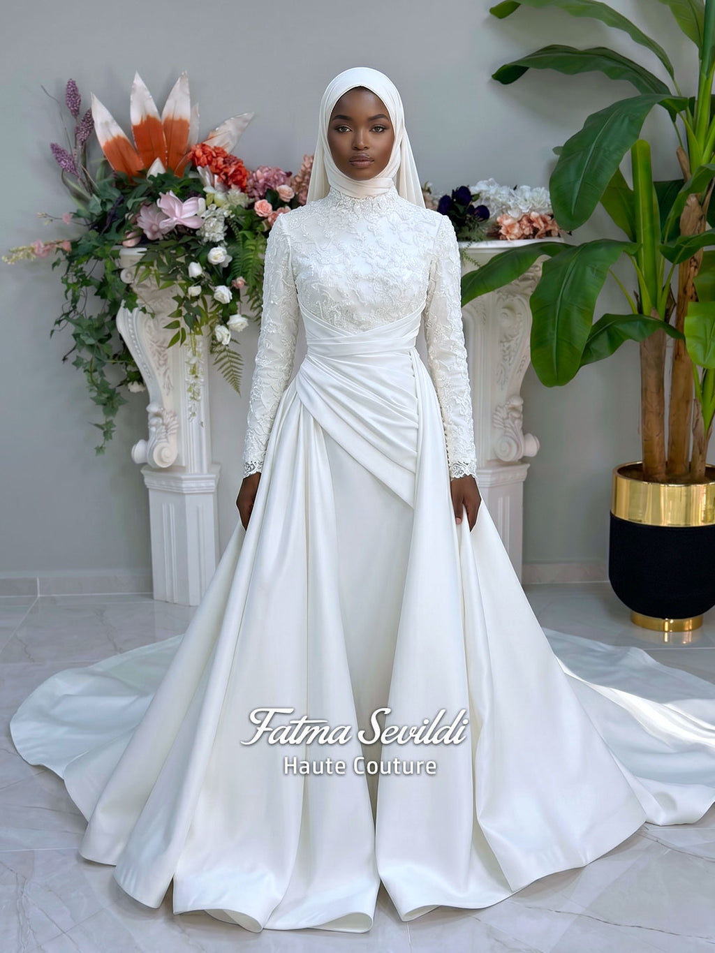 Custom Hijab Wedding Dress Veiled, Long Sleeve 3D Floral Lace Bodice, Satin A-line Gown 36 / Ivory