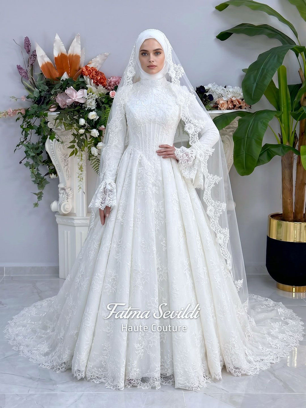 Luxury Basque Hijab Wedding Dress, A Line Beaded Lace Bridal Gown, Veiled Long Sleeve 44 / Ivory