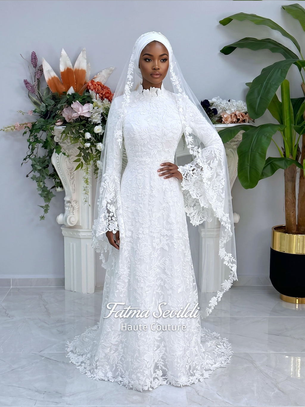Veiled Hijab Wedding Dress, High Neck Long Sleeve Beaded Lace A-Line Couture 48 / White