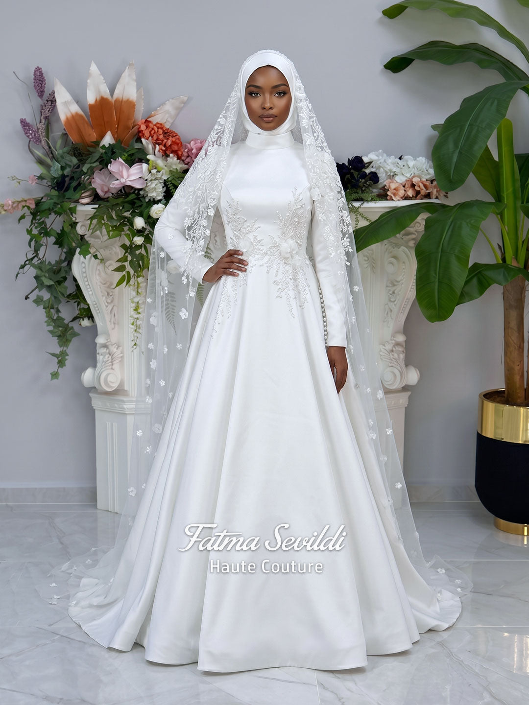 Veiled 3D Floral Hijab Wedding Dress, Long Sleeve High Neck Modest Bridal 44 / White