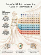 International size chart for modest wedding dress: EU US UK sizes with bust waist hips in cm and inches for perfect fit.