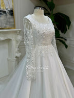 Elegant A-Line Lace Wedding Dress, Square Neck, Long Sleeves, Beaded Bodice, Custom, Veiled