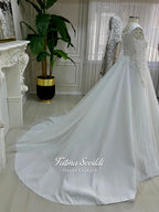 Elegant A-Line Lace Wedding Dress, Square Neck, Long Sleeves, Beaded Bodice, Custom, Veiled