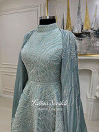 Elegant Caped Lace Hijab Evening Gown, High Neck Long Sleeve Beaded Ballgown