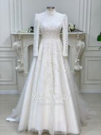 Elegant hijab wedding dress with beaded 3D lace, high neck, long sleeves